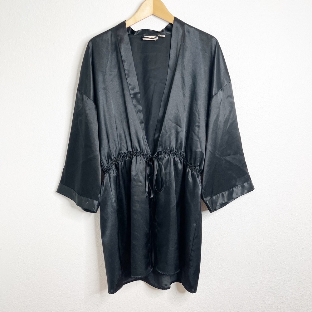 Vintage Victorias‎ Secret Gold Label Black Satin Kimono Robe M/L Cinched Waist